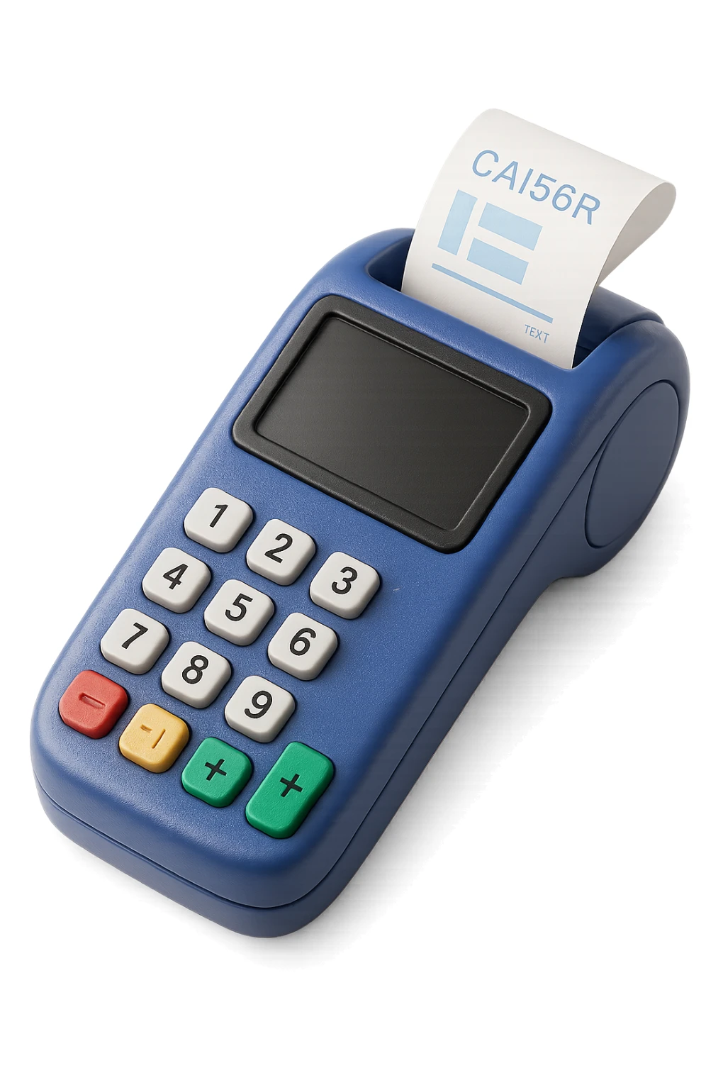 Make the payment terminal look modern and up-to-date in skeuomorphism style with no background. The style should reflect realistic textures and subtle shadows typical of skeuomorphism, emphasizing a polished and tactile appearance with a transparent background. sticker