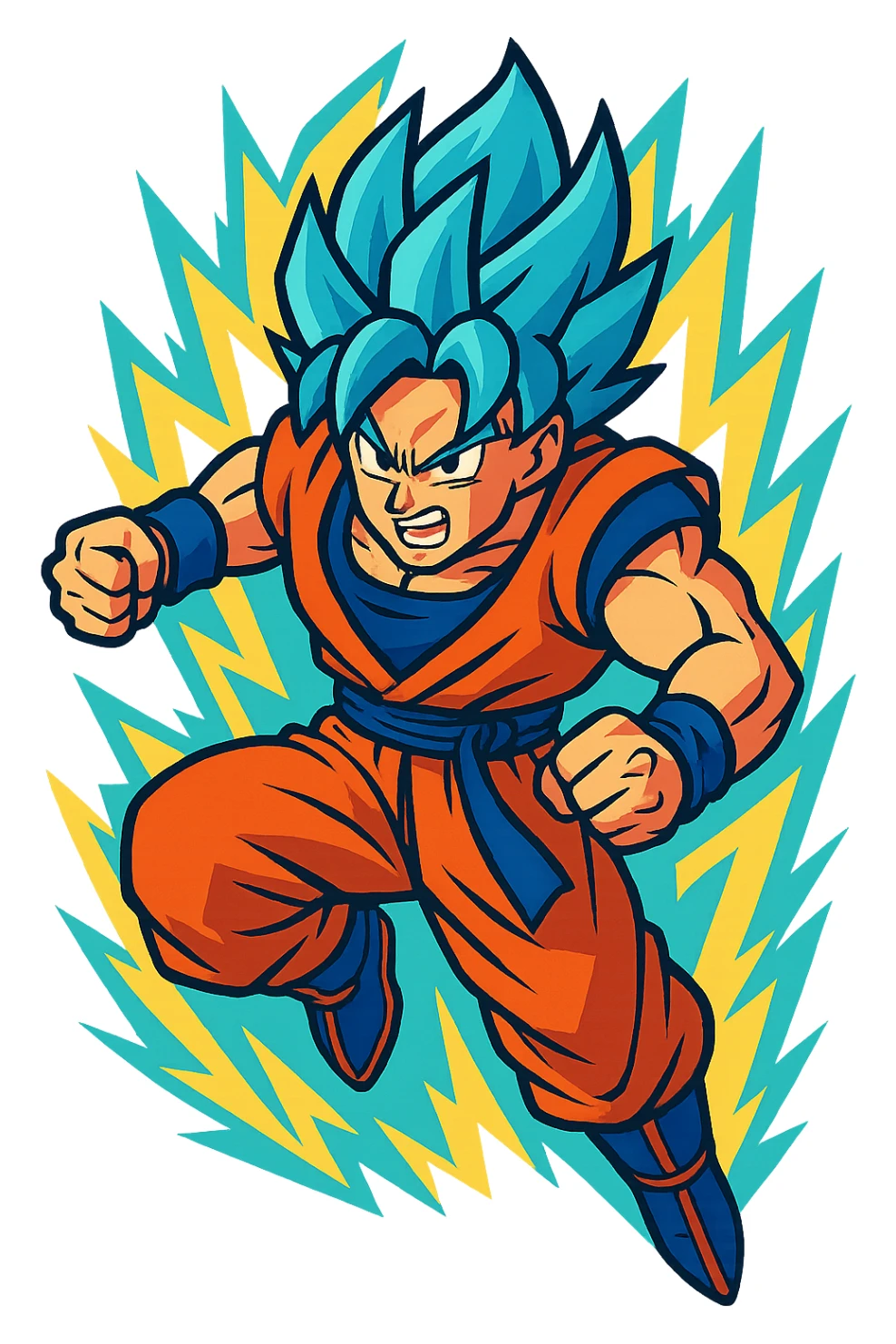Super Saiyan Goku with blue hair, glowing aura, action pose sticker