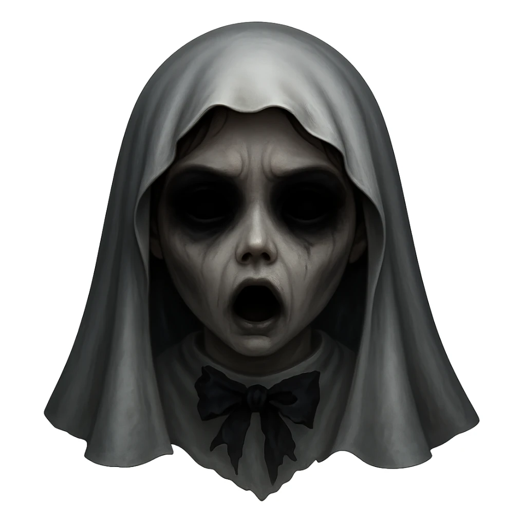 Make the classic girl ghost scarier by adding dark shadows around the eyes, a torn bow, and a haunting expression. Keep the style consistent and remove the background. sticker
