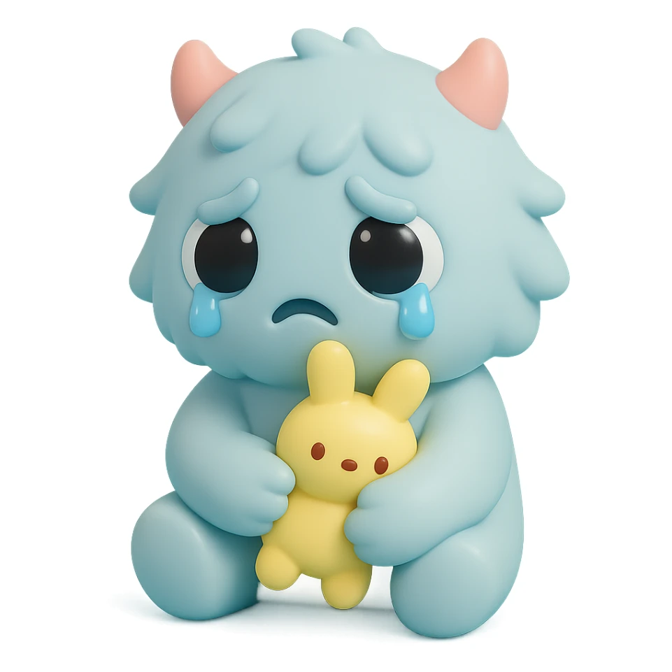 fluffy monster with oversized eyes, tears falling, comforting itself with a plush toy, gentle colors, vinyl figure style sticker