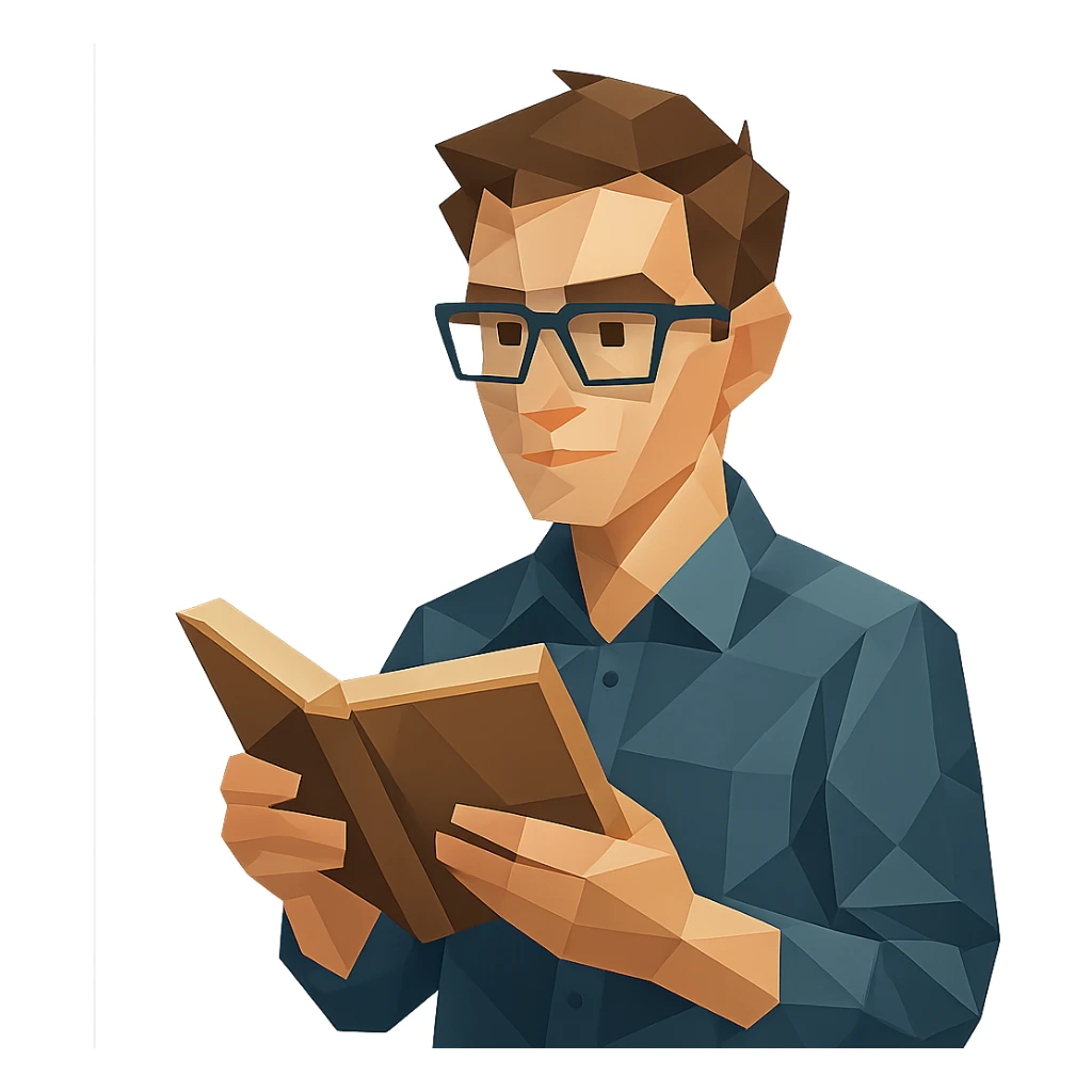 nerdy guy with glasses, holding a book, low-poly polygonal style sticker