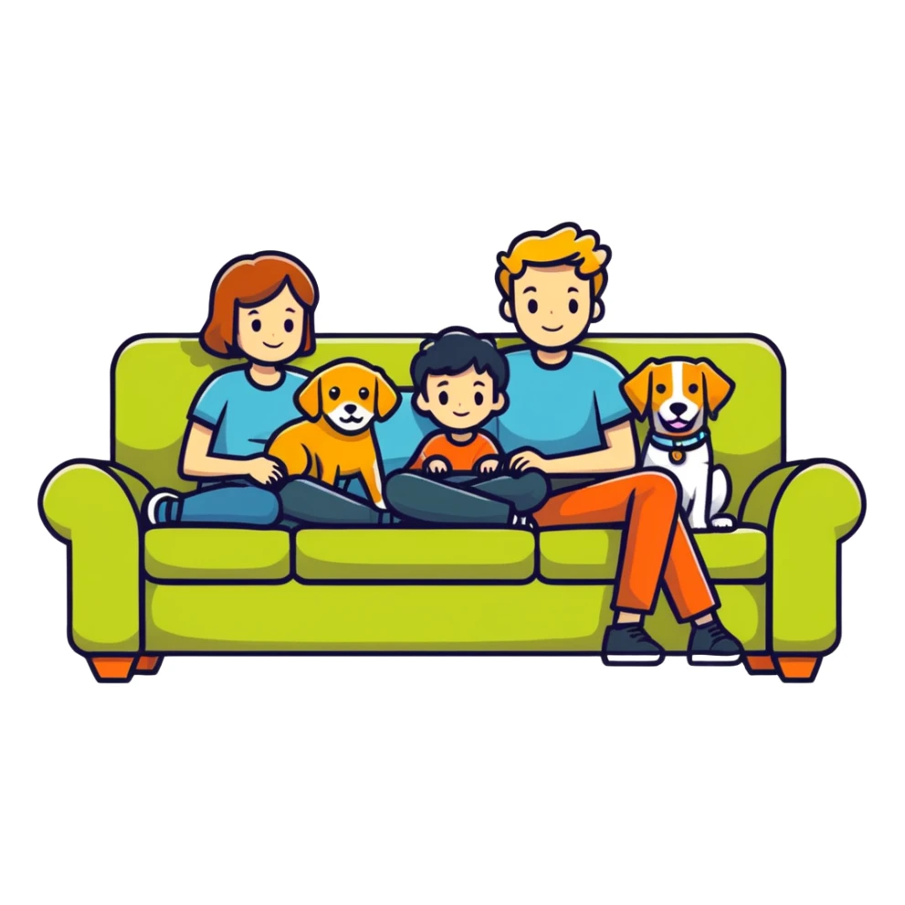 Man, woman, boy and a dog on a couch sticker