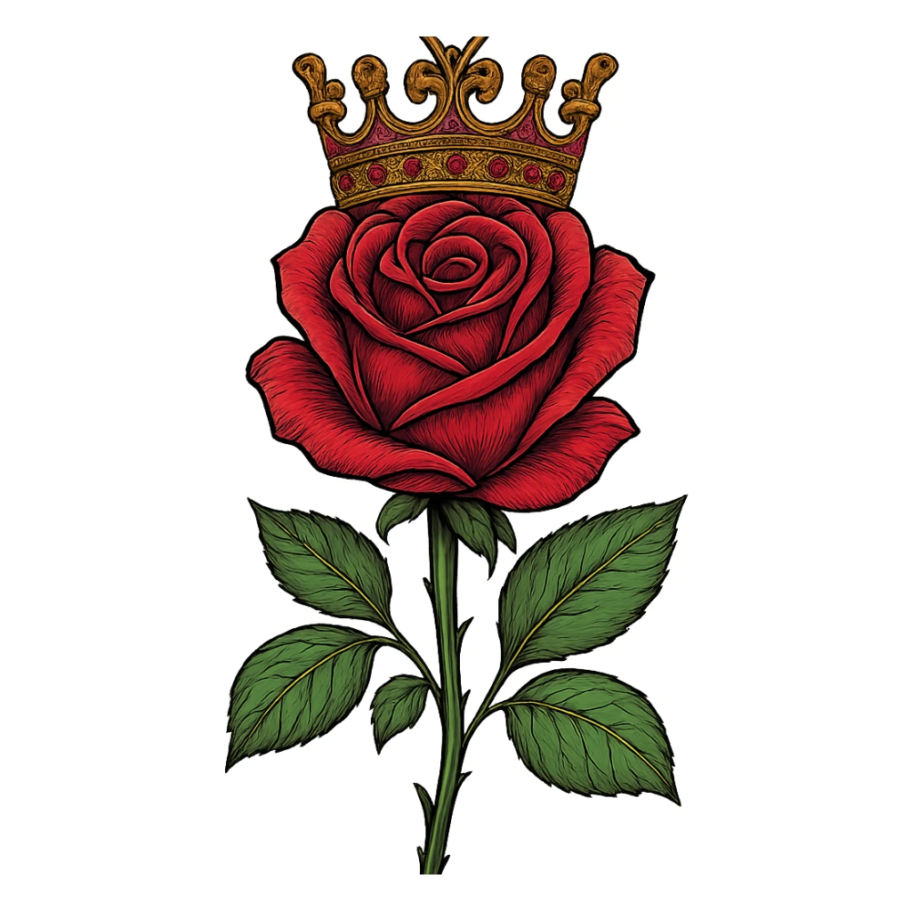 a single rose wearing a crown, stylized, elegant and regal, detailed, vibrant colors sticker