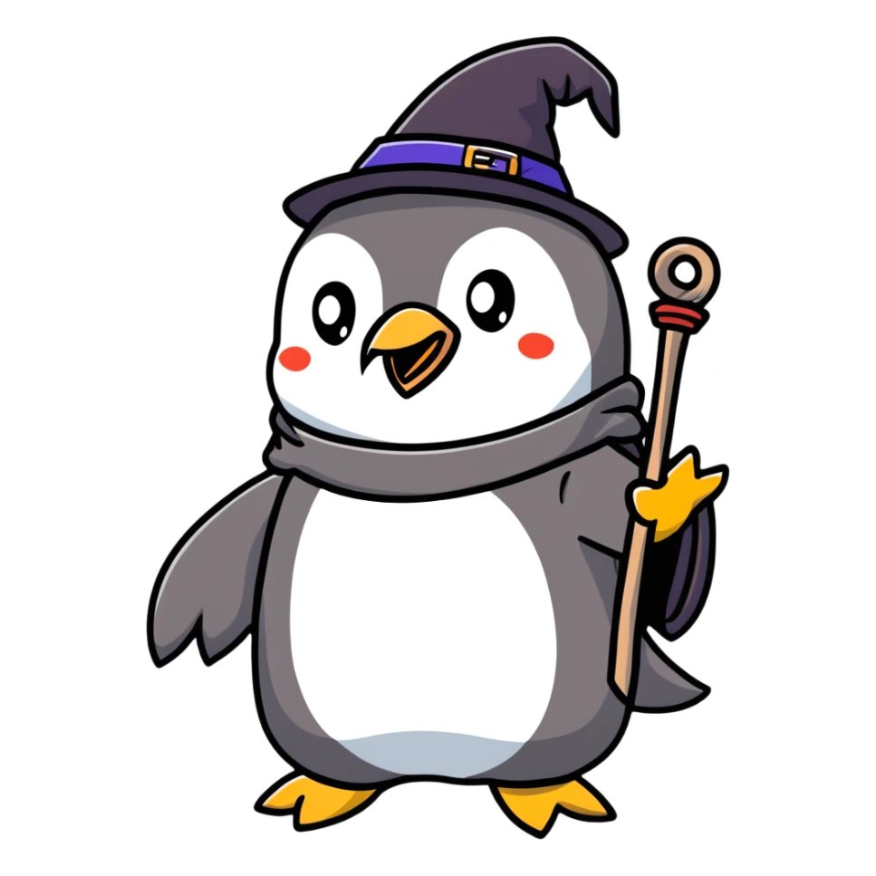 a penguin wizard with a staff and hat next to a small dragon sticker