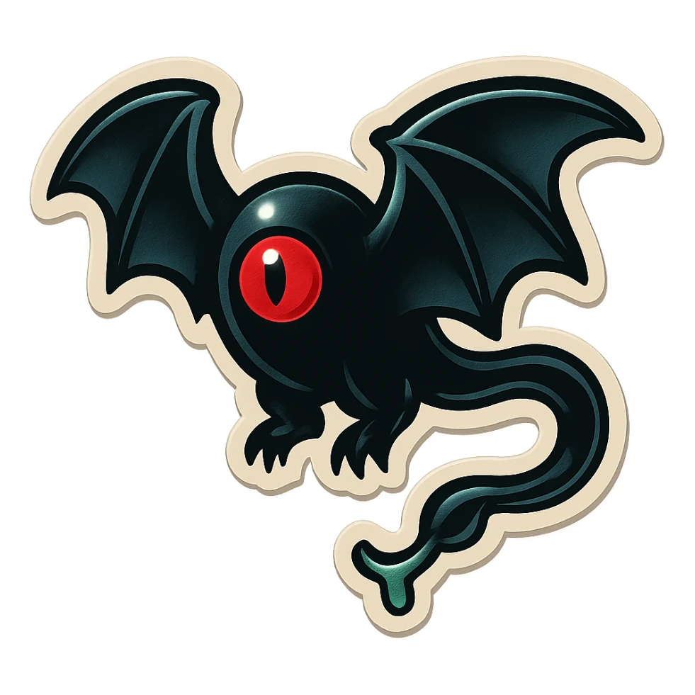 an all black bat-like creature. One cyclopian red eye in its face. no visible mouth or ears. has a long tale with a stinger that drips green poison sticker