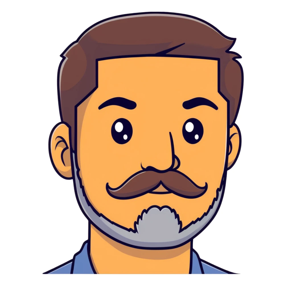 close-up of man face only with mustache and beard, medium eyes, medium light skin tone, dark hair, no neck visible, just the face sticker