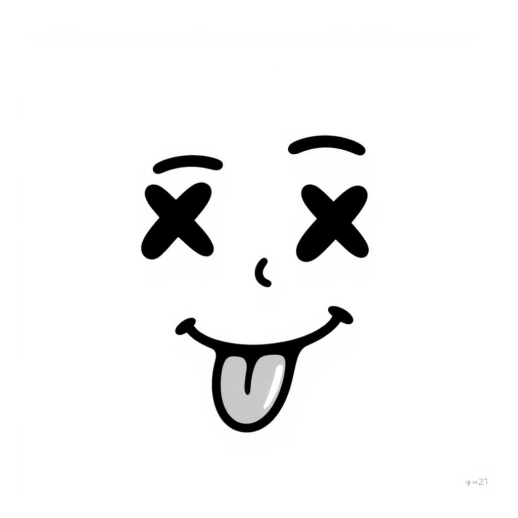 A hand-drawn face with X eyes and tongue out sticker
