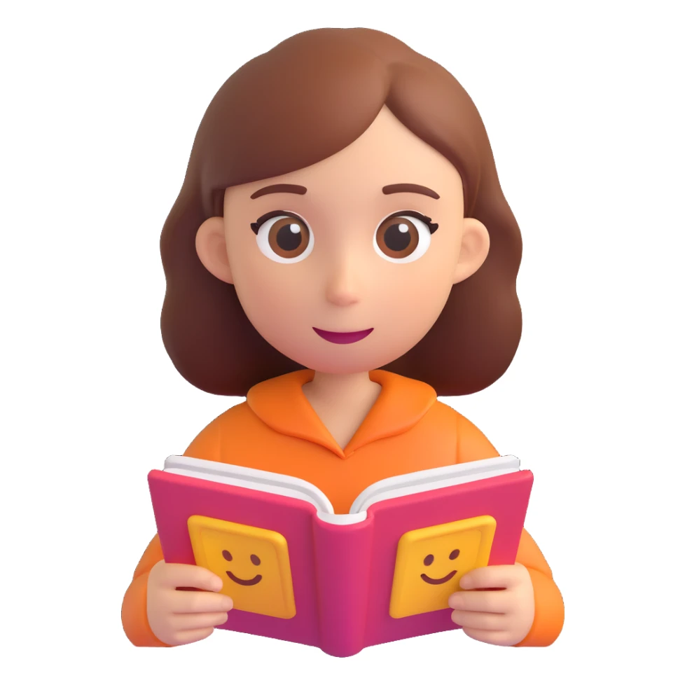 girl reading a book, 3D emoji style, friendly and smooth sticker