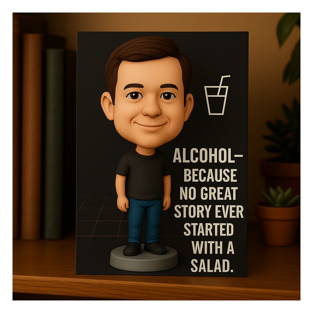 Refine the card: keep Dylan as a bobblehead character, minimal neon grid background, one drink icon, bold chrome text with the quote 'Alcohol—because no great story ever started with a salad.' Make the layout even cleaner and more balanced, using the same bobblehead style. sticker