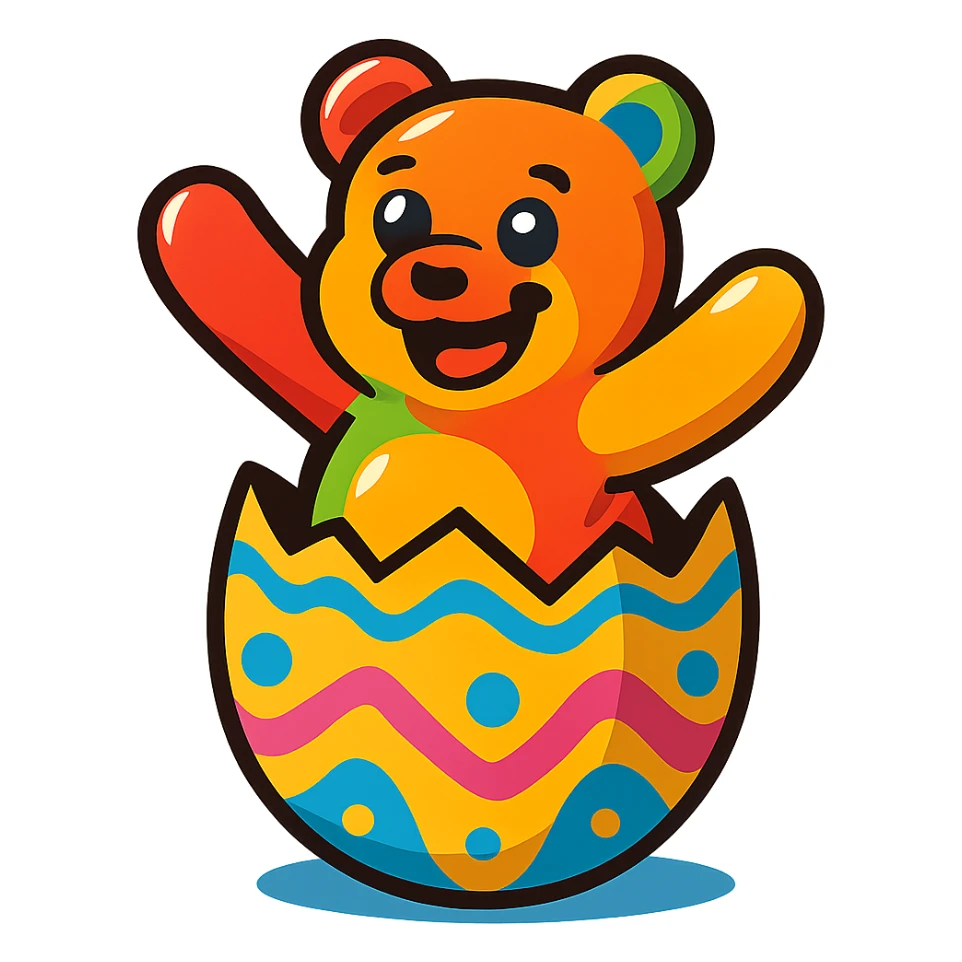 a cheerful gummy bear halfway out of a decorated Easter egg, bright colors, fun mood, playful, simple background sticker