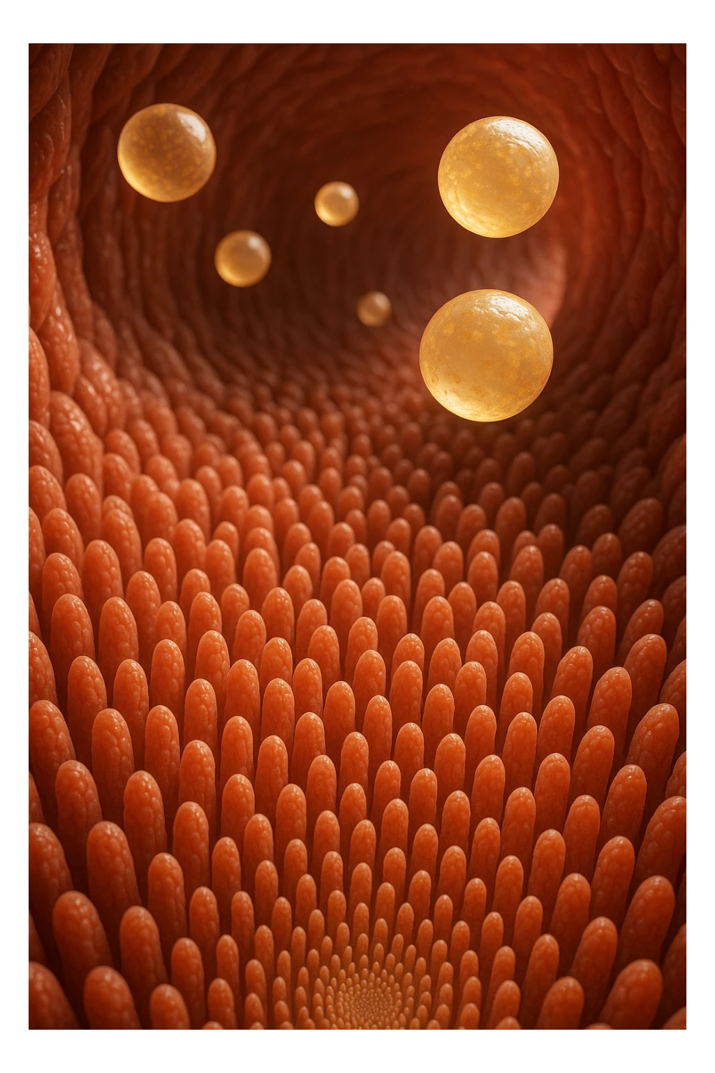 VILLI INTESTINALI CON CELLULE DI GRASSO CHE CI FLUTTUANO SOPRA, INTERNO REALISTICO DI UN INTESTINO, IPERREALISTICO 4K sticker