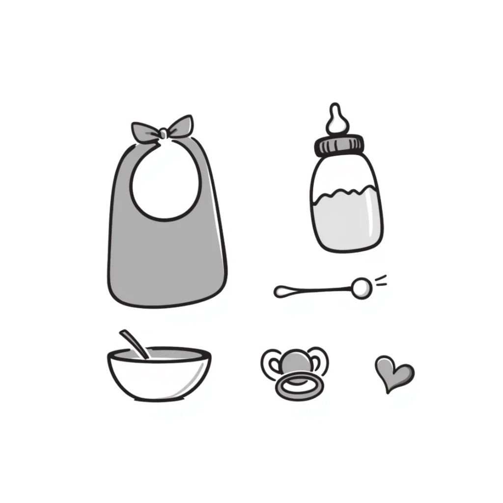 a baby feeding set including a baby bottle, pacifier, bowl with spoon, and bib, in pastel colors dd9fb0, ffc6d3, a3bfc9, c4bee2, f1b091, detailed hand-drawn doodle style sticker