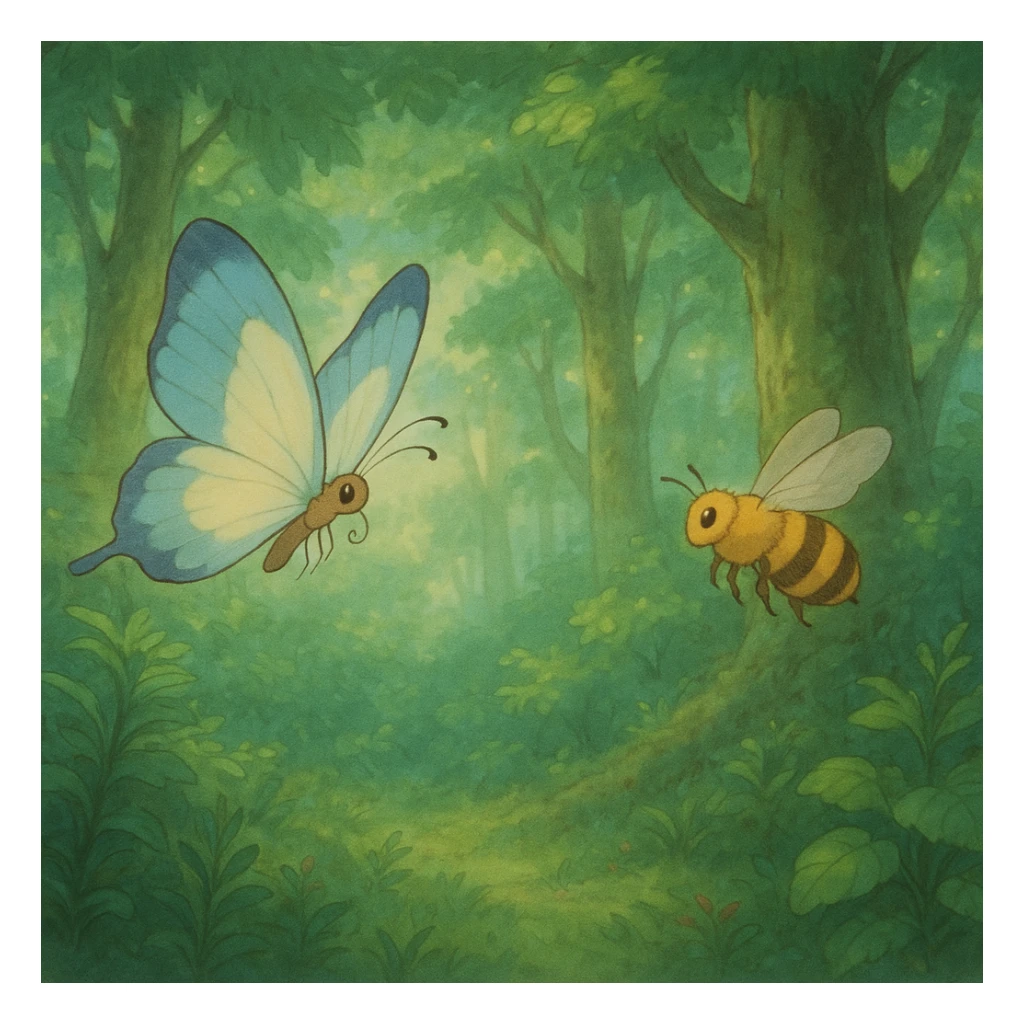 ghibli style butterfly and bee in a lush forest, soft colors, magical atmosphere sticker