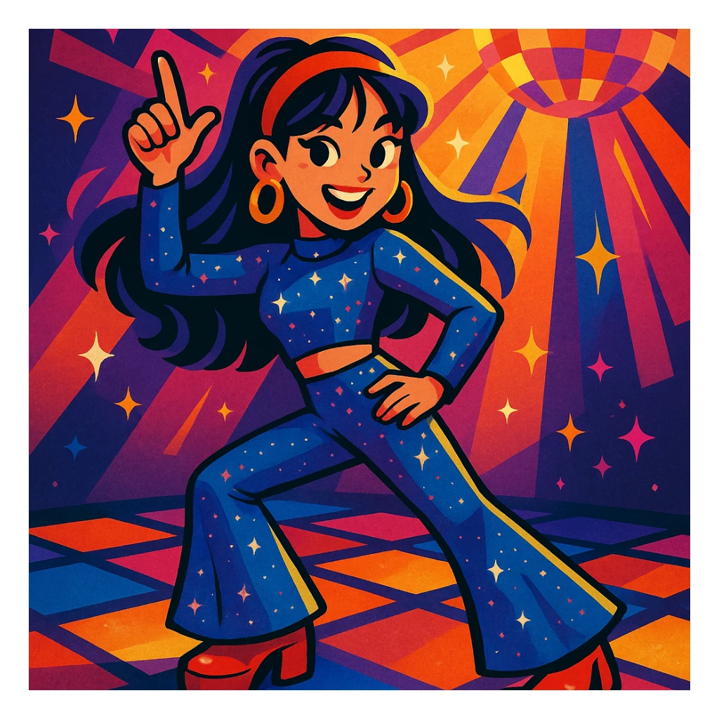 K-pop girl, retro disco style, sparkly outfit, fun pose, energetic expression, vibrant toon style, colorful, dynamic lighting sticker