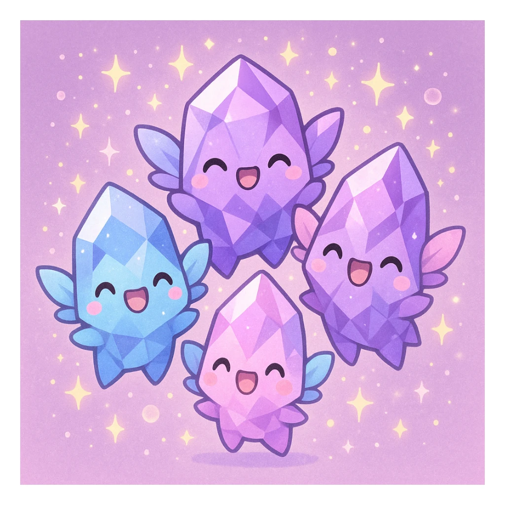 kawaii chibi style group of crystal sprite creatures in purple, blue, and pink, with tiny magical wings, celebrating together, magical sparkles, joyful scene sticker