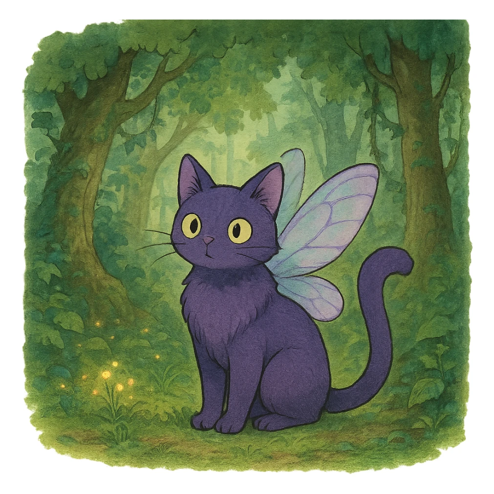 ghibli style purple cat with fairy wings in an enchanted forest sticker