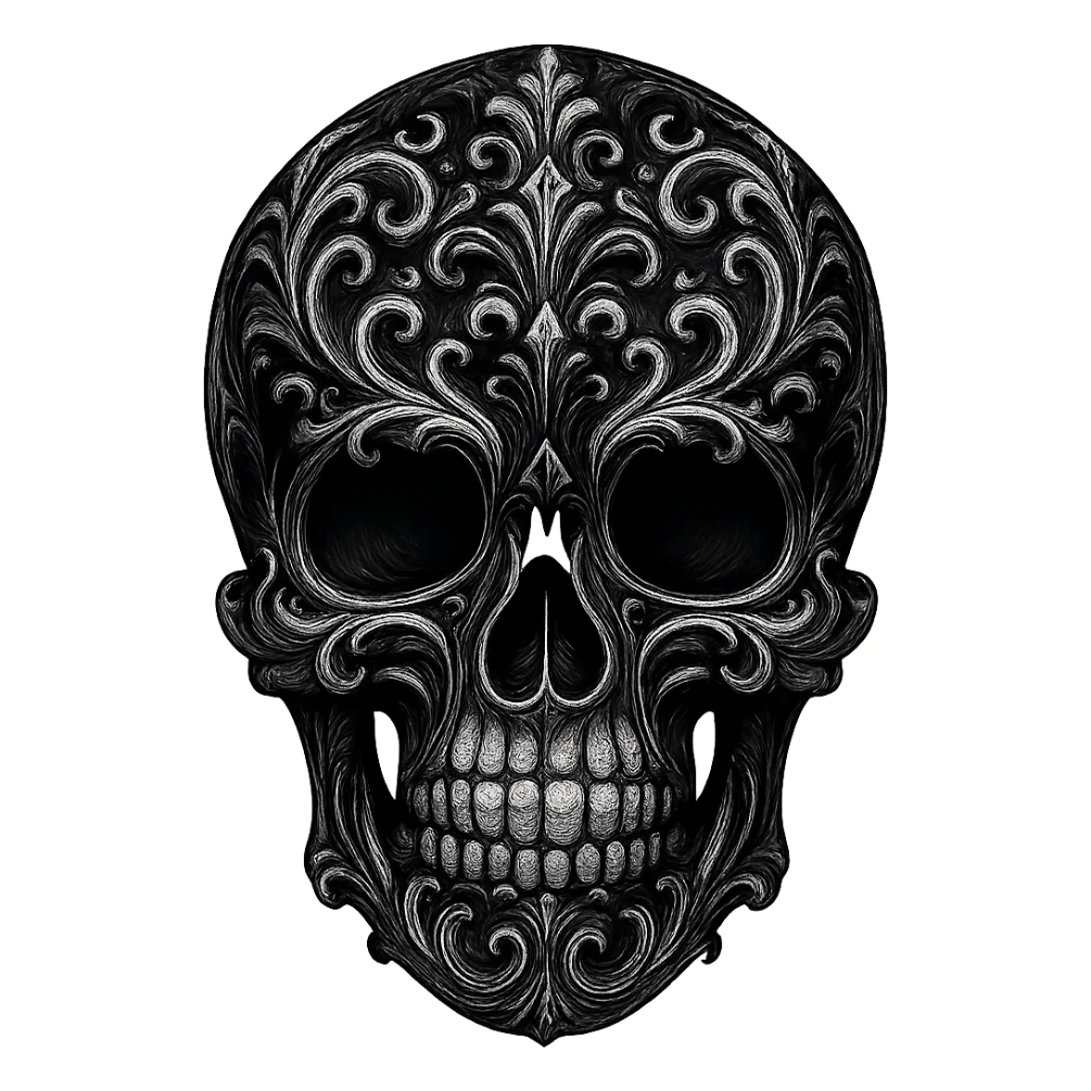 gothic skull, black and silver, ornate and elegant, no background sticker