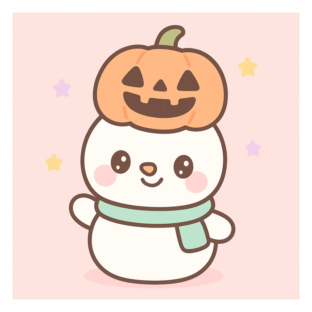 cute snowman with a carved pumpkin on its head, kawaii style sticker