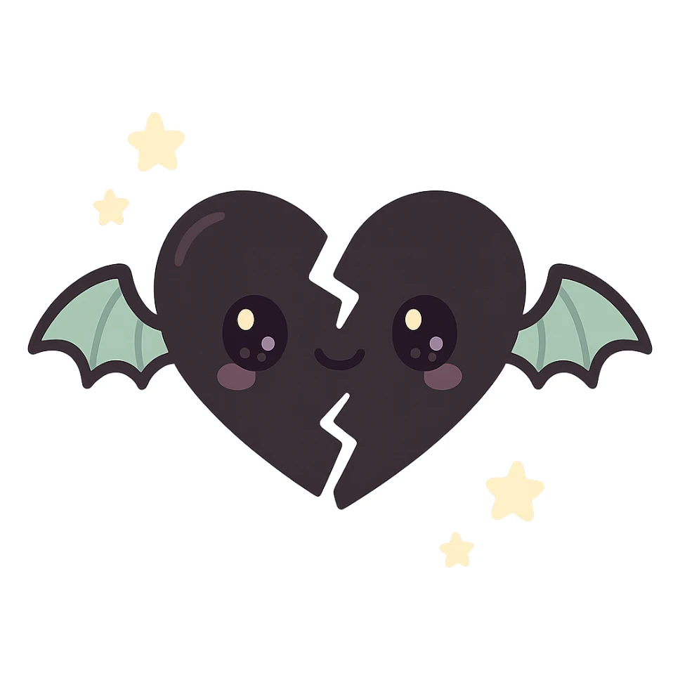 black gothic heart, shattered with very tiny gothic bat wings, ornate, dark, elegant, kawaii style sticker
