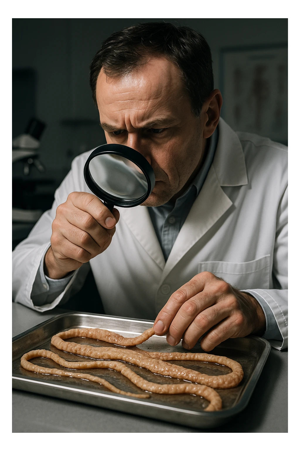 A middle-aged male kinesiologist wearing a pristine white lab coat, intensely analyzing long, beige tapeworms (like Taenia) under a magnifying glass. His expression is focused and slightly concerned, with dramatic studio lighting casting sharp shadows. The parasites are highly detailed, moist, and textured, stretched across a sterile metal tray. The background is blurred but suggests a clinical environment—hints of a microscope, medical charts, and clean lab equipment. The style is hyper-realistic, with a cinematic contrast between the bright white coat and the grotesque, organic forms of the parasites. No sci-fi elements, just raw medical realism with a disturbing edge sticker