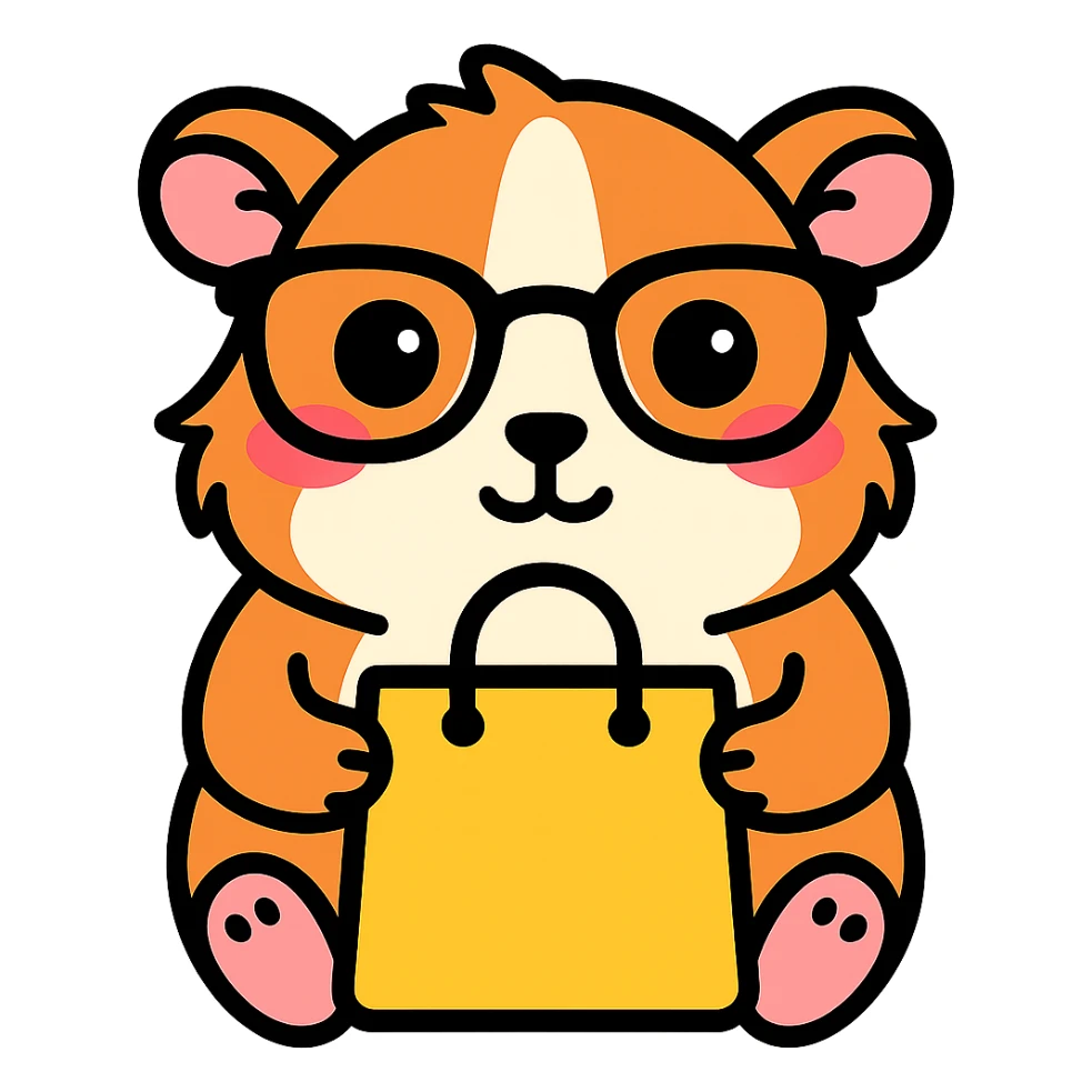 Make the guinea pig match the original reference: same face and glasses style, but holding a shopping bag for a shopping app, in a cute, outlined, colorful style. sticker