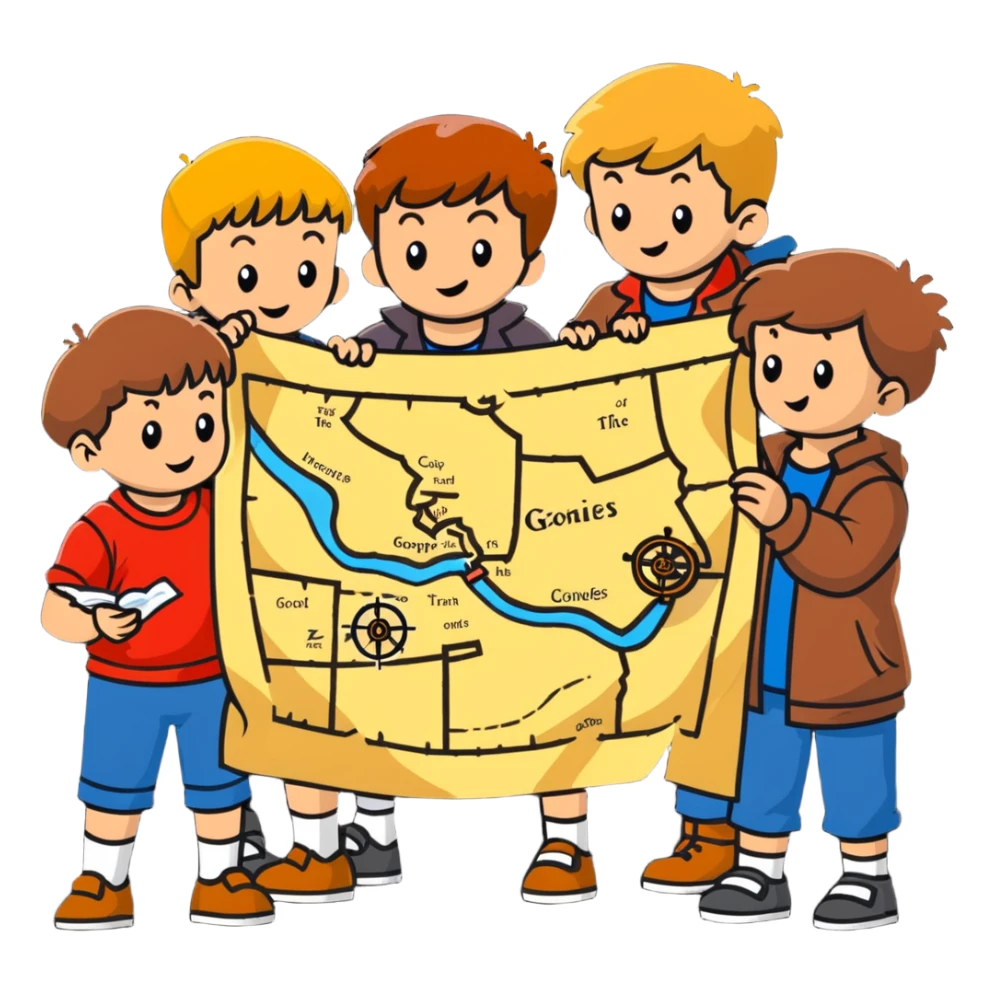 group of goonies kids examining a treasure map sticker
