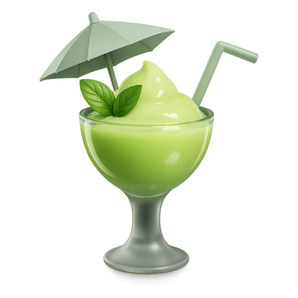 Make the mint green milkshake glossy and 3D with shiny highlights and reflections. Keep the glass with umbrella, tropical vibe, and mint leaf on top. Remove the background. sticker