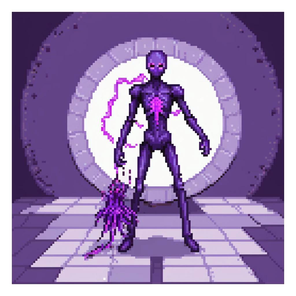 Minecraft Enderman attacking player with username "Artem" in the End dimension, purple particles sticker