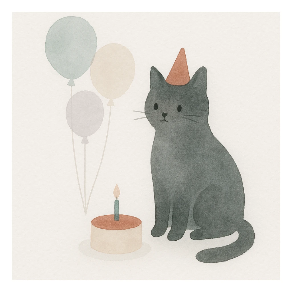 a black cat having a birthday party, watercolor art style sticker