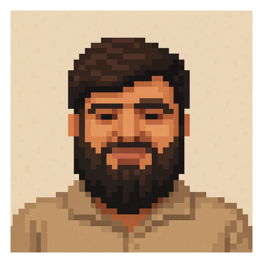 Create a pixel art portrait of the person in the reference image with simplified facial features and a pixelated style. Use a neutral background. The style should resemble pixel art. sticker