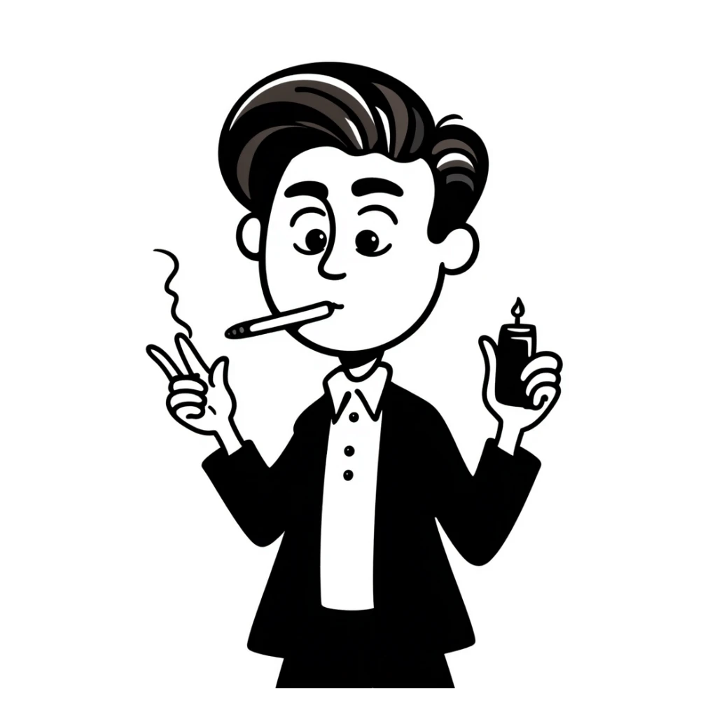 a guy with hazel eyes and slicked back brown hair stay with a lighter and a cigarette in his mouth with a sly expression on his face sticker