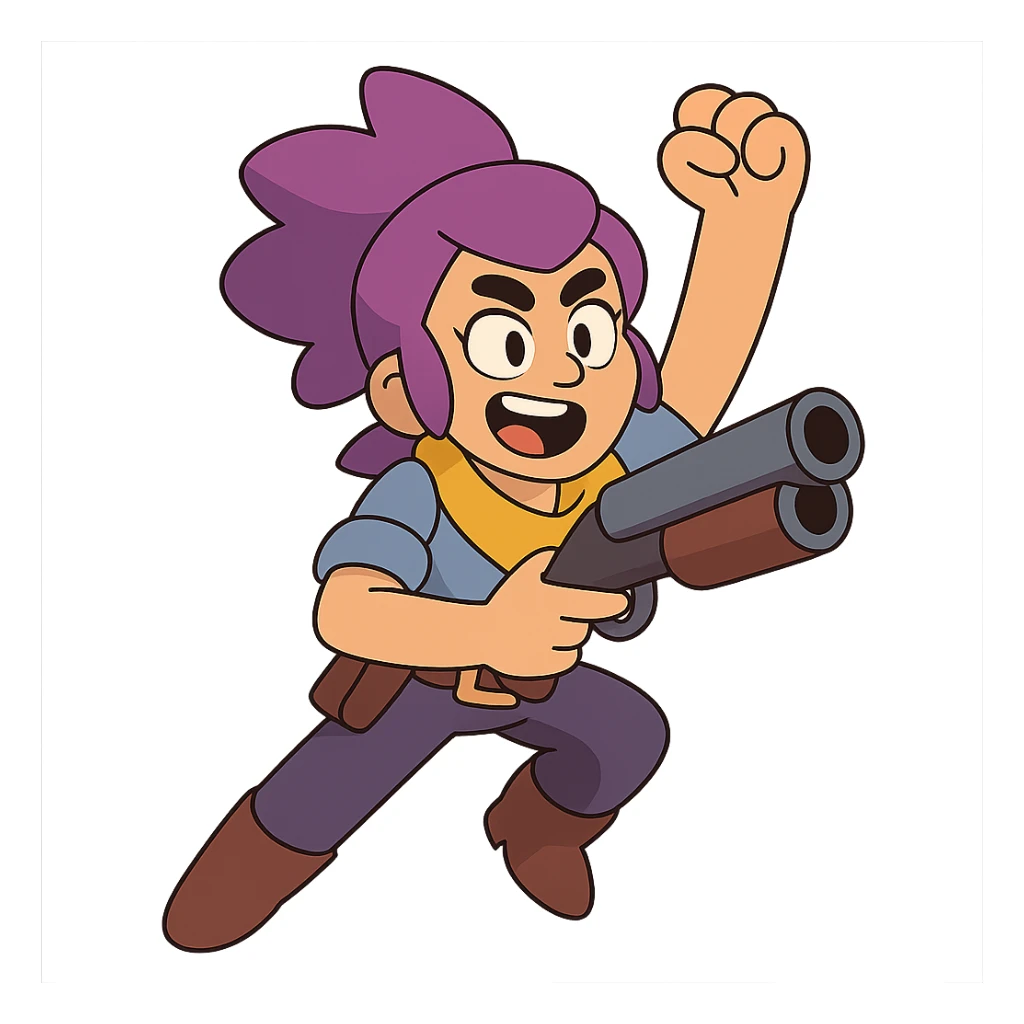 Shelly from Brawl Stars, energetic pose, vibrant colors, cartoon style sticker