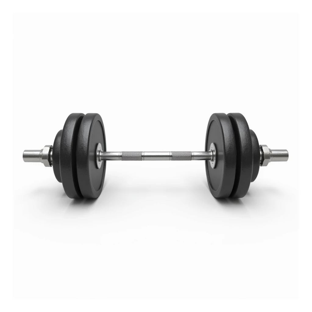 hyperrealistic illustration of a barbell with weights isolated on white background, metallic details, soft shading, no other elements sticker