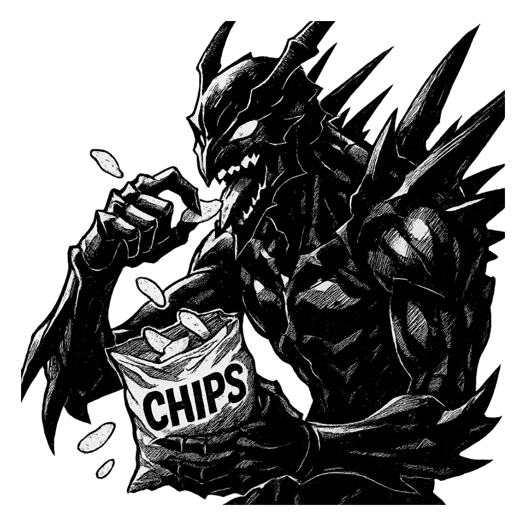 manga style Beru from Solo Leveling eating chips, detailed and dynamic sticker