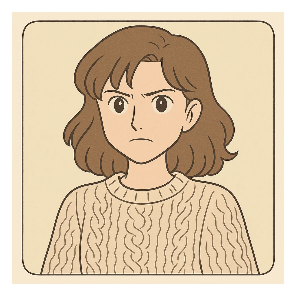 Nancy Wheeler from Stranger Things, iconic look: wavy brown hair, knitted sweater, determined expression, simple line art, light pastel tones, thick outlines, Ghibli style, square 1:1 format, inspired by the provided references. sticker