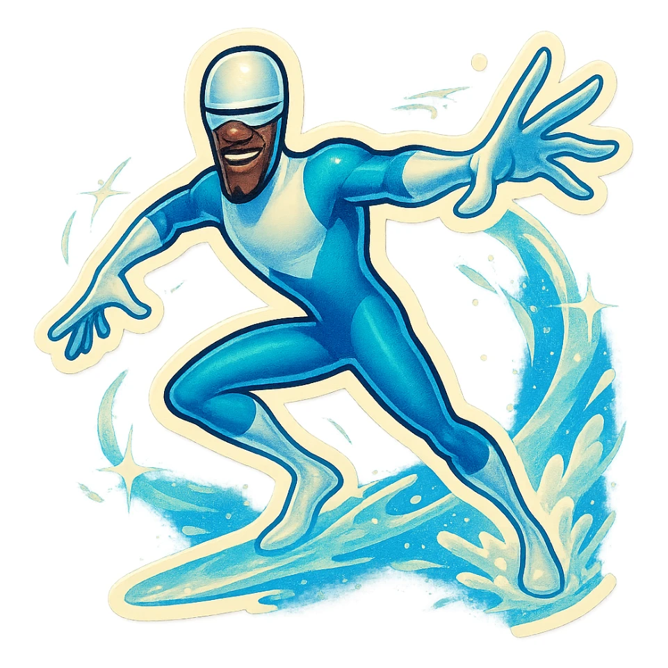 Frozone character in retro stickers style, dynamic pose, icy effects, bold outlines, vibrant colors sticker