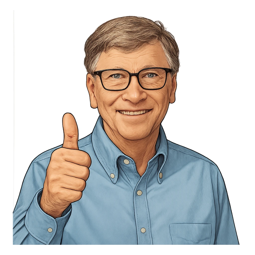 Bill Gates giving a thumbs up, realistic cartoon style, friendly expression, clear background sticker