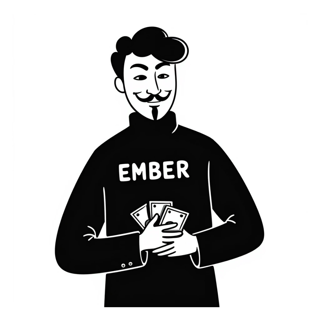 A man in black clothes with an Anonymous mask, holding money, ember text sticker