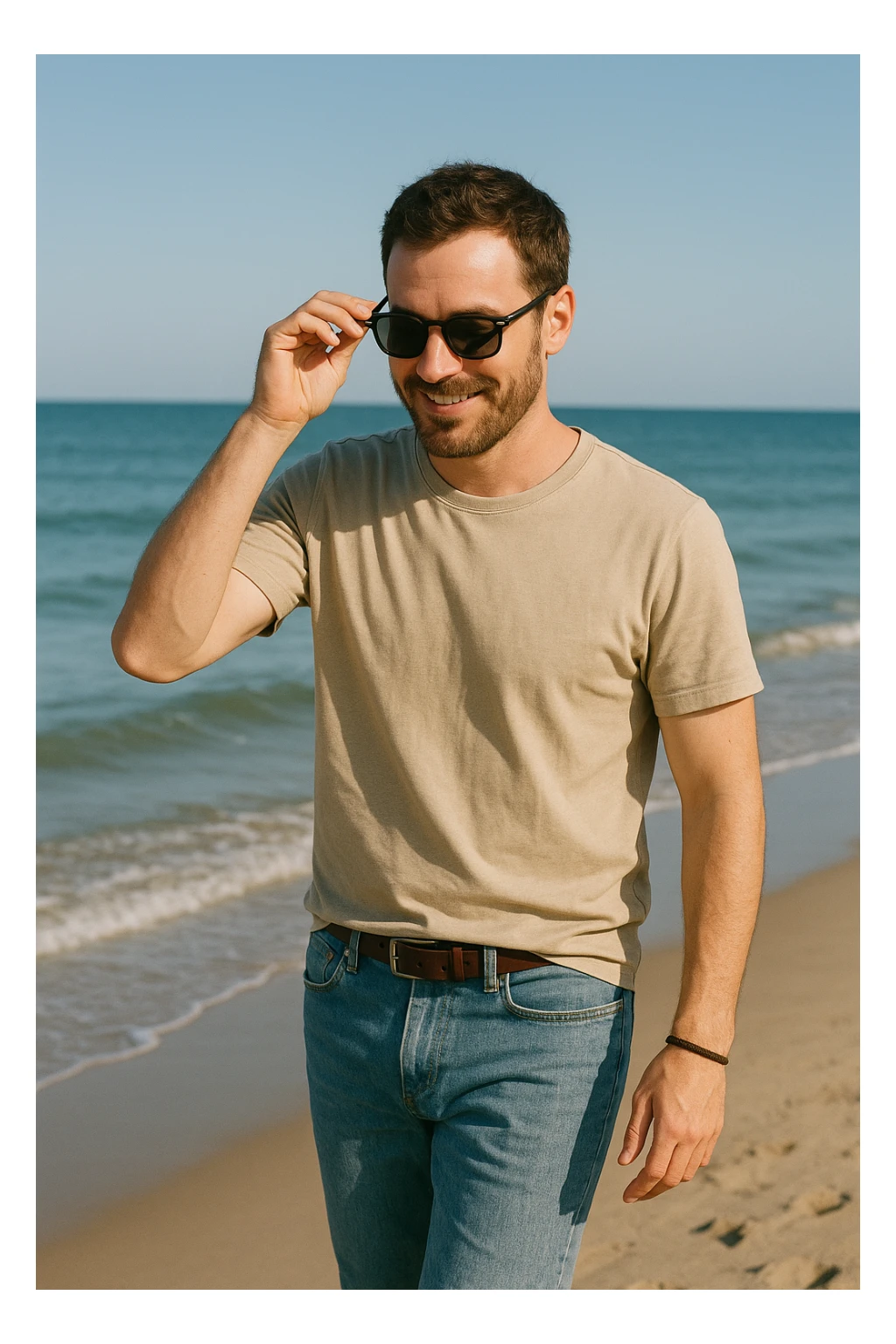 uomo passeggia a mare e si mette gli occhiali da sole sticker