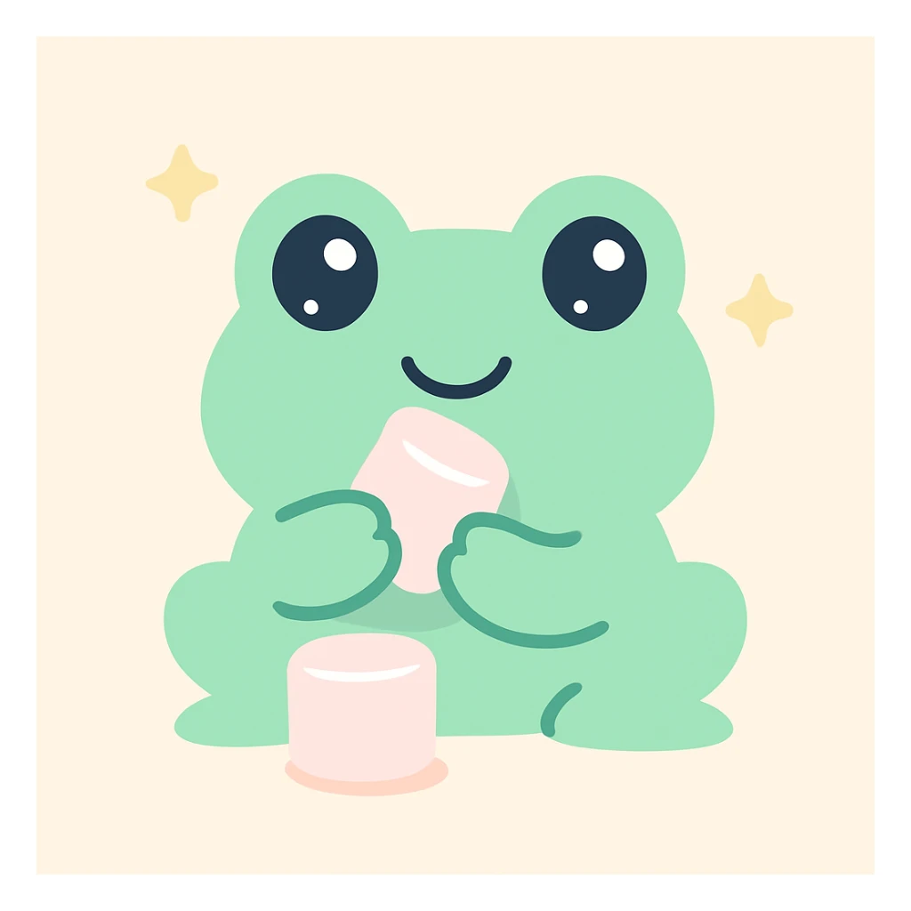 a cute frog eating marshmallows, playful style, colorful, fun, lighthearted sticker