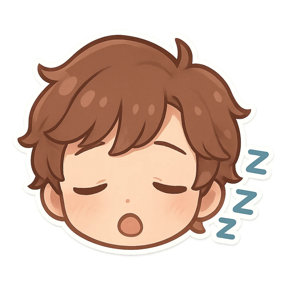 Create a chibi sticker of this person with a sleepy expression, only the head, transparent background. sticker