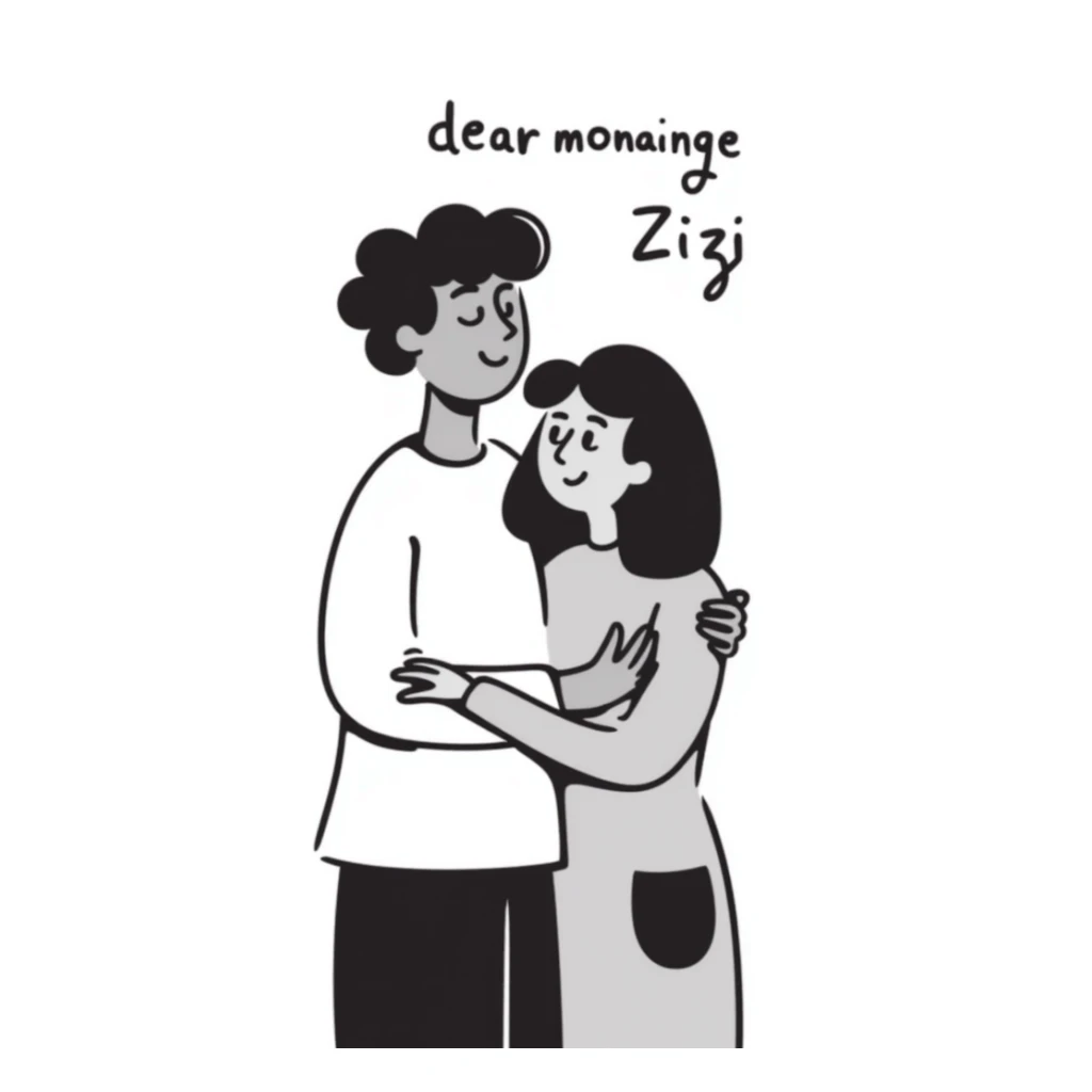 person hugging girlfriend, with text 'dear monainge wan Zizi' sticker