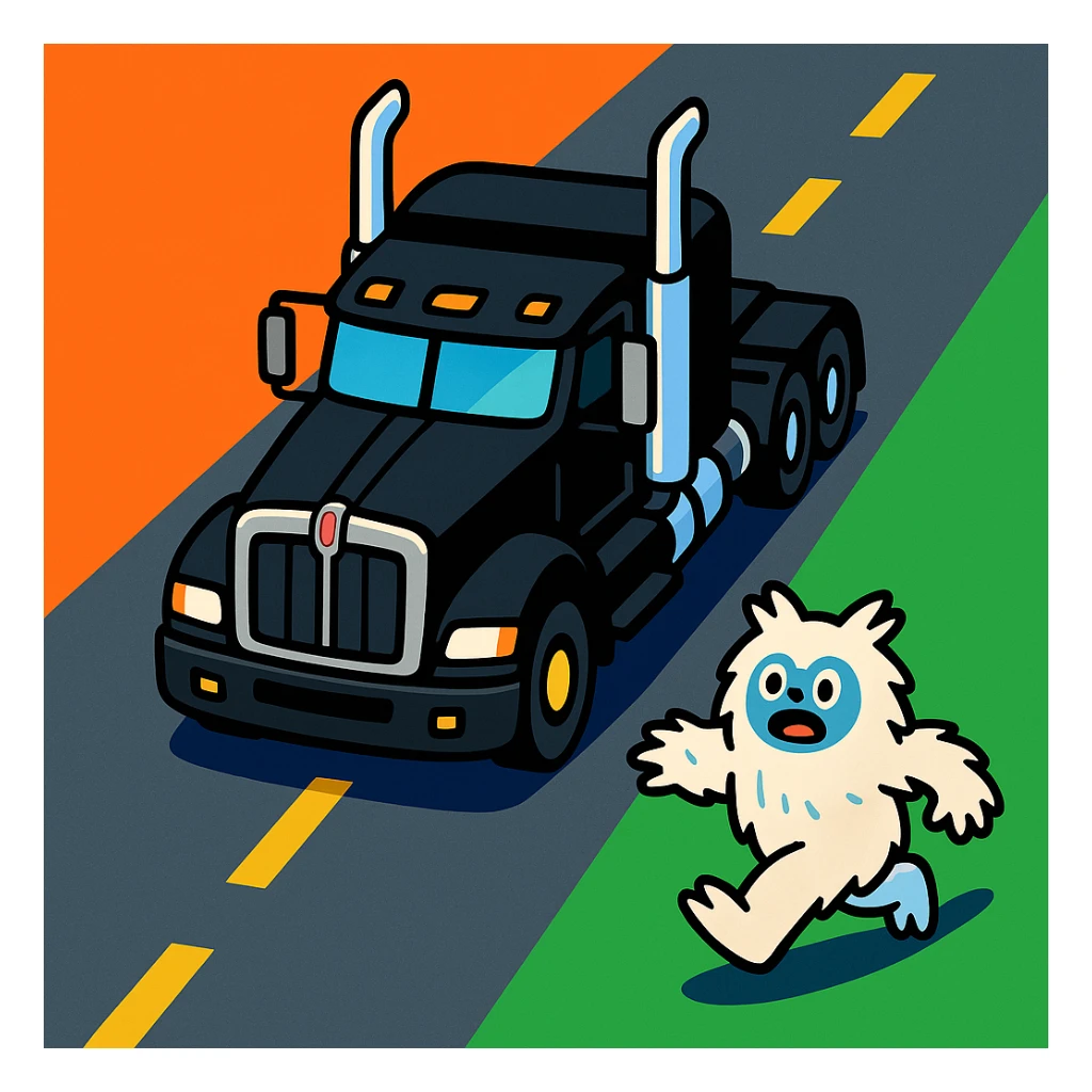 top-down perspective of a black Kenworth W680 flat top semi truck with chrome stacks chasing a small furry abominable snowman on a road, colorful and playful, no text sticker
