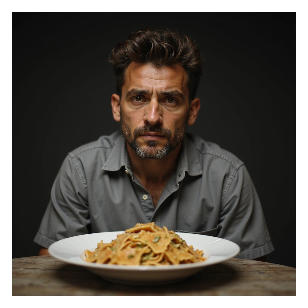 uomo di circa 20 anni, triste, che mangia un piatto di pasta, espressione triste, iperrealismo 4K, variazione 5 sticker