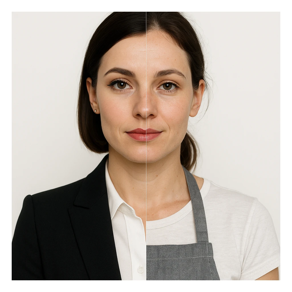hyper realistic split-image of a woman, one half with business makeup and suit, other half natural, kitchen apron, white background, symmetrical, clear role difference sticker