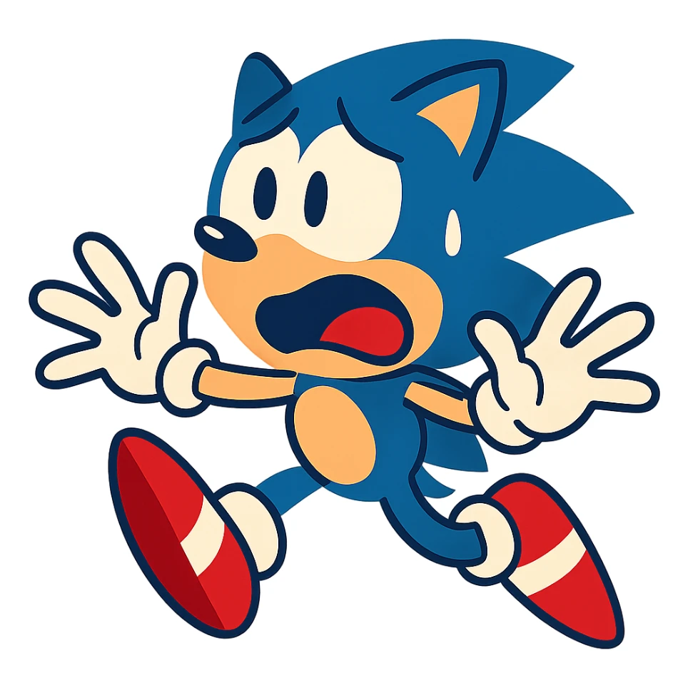 Sonic the Hedgehog with a scared expression, vibrant cartoon style sticker
