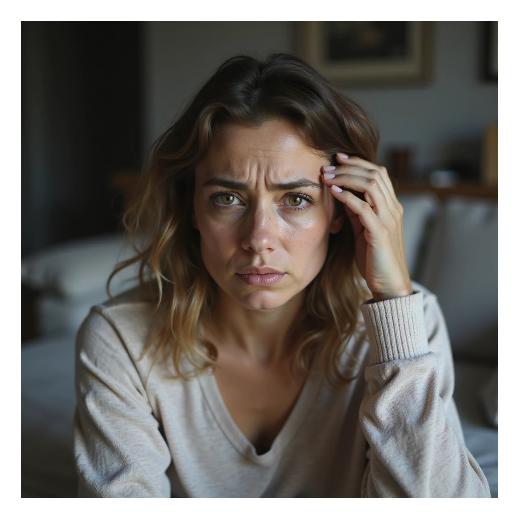hyperrealistic 4K detailed image of a woman with hormonal imbalance, face alternating sad and irritated expression, hand holding head, domestic environment sticker