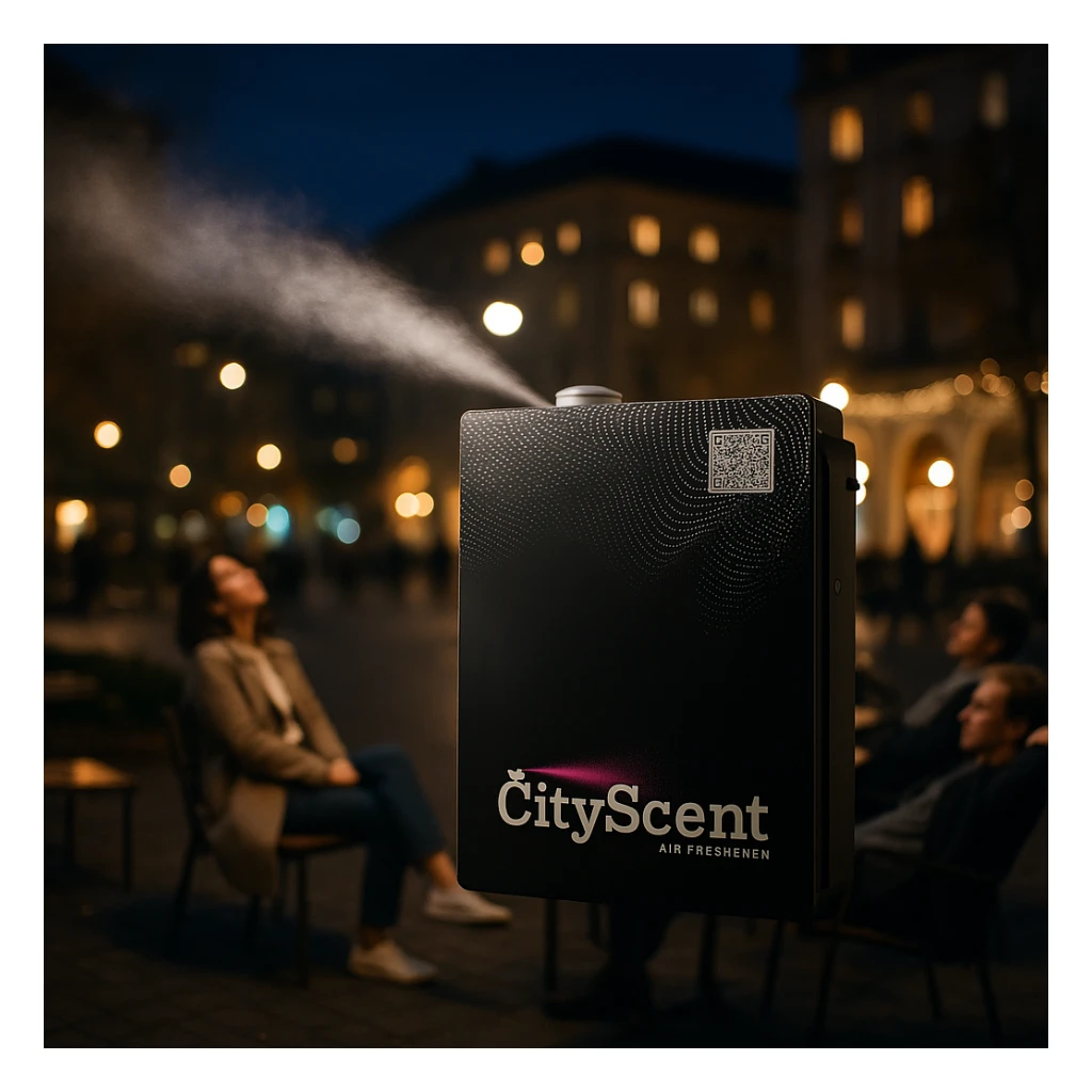Add a soft, realistic scent mist effect coming from the left side of the CityScent air freshener machine. The scene is realistic, with people relaxing and enjoying the scent in a city square at nightfall. sticker