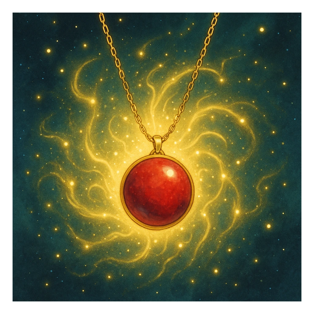 conceptual ethereal design of a red ball granite pendant on a delicate gold chain, surrounded by shimmering energy sticker