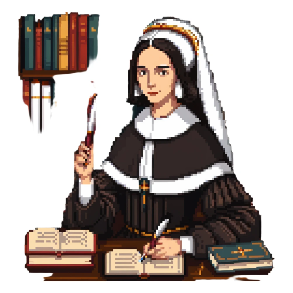 Sor Juana Inés de la Cruz with a quill pen and books sticker